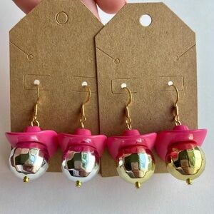 18K Gold Plated Disco Ball Cowboy Hat Earrings Pink Gold Country Music Festival